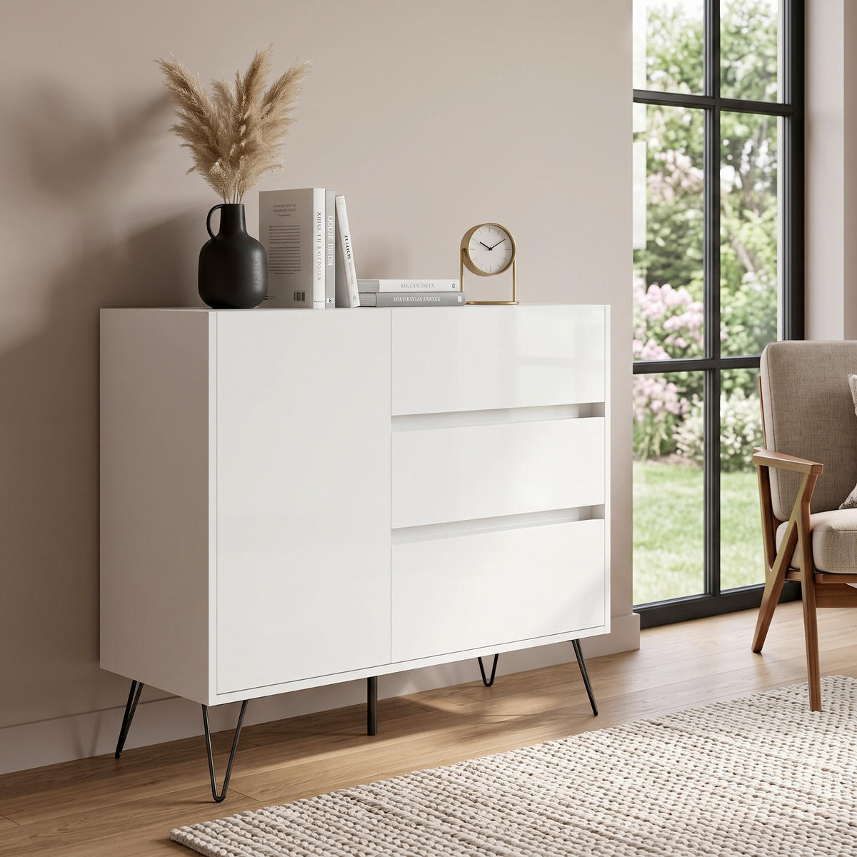 SIDEBOARD Posseik Industrial 99/93,6/42 cm 3 Schublade(n)  - Weiß Hochglanz/Schwarz, Design, Holzwerkstoff/Metall (99/93,6/42cm) - MID.YOU