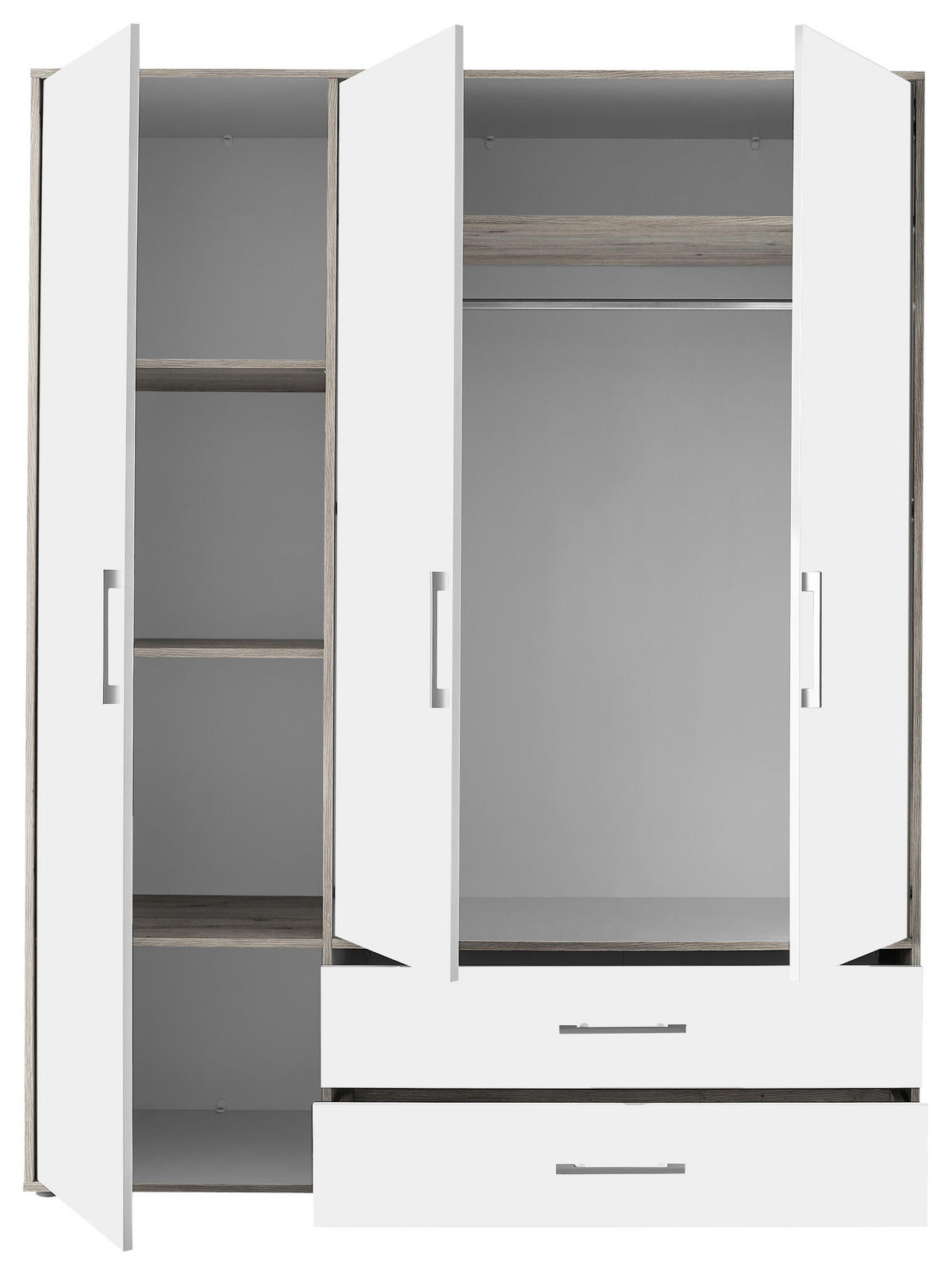 KLEIDERSCHRANK 155/195/60 cm,  in Weiß, Eiche San Remo, 3-türig  - Alufarben/Weiß, KONVENTIONELL, Holzwerkstoff/Kunststoff (155/195/60cm) - Boxxx