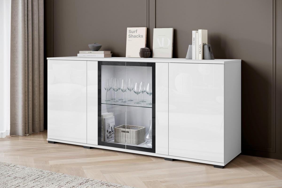 SIDEBOARD 150/69,7/39,5 cm  in Weiss, Weiss Hochglanz  - Weiss Hochglanz/Weiss, Design, Glas/Holzwerkstoff (150/69,7/39,5cm) - Livetastic