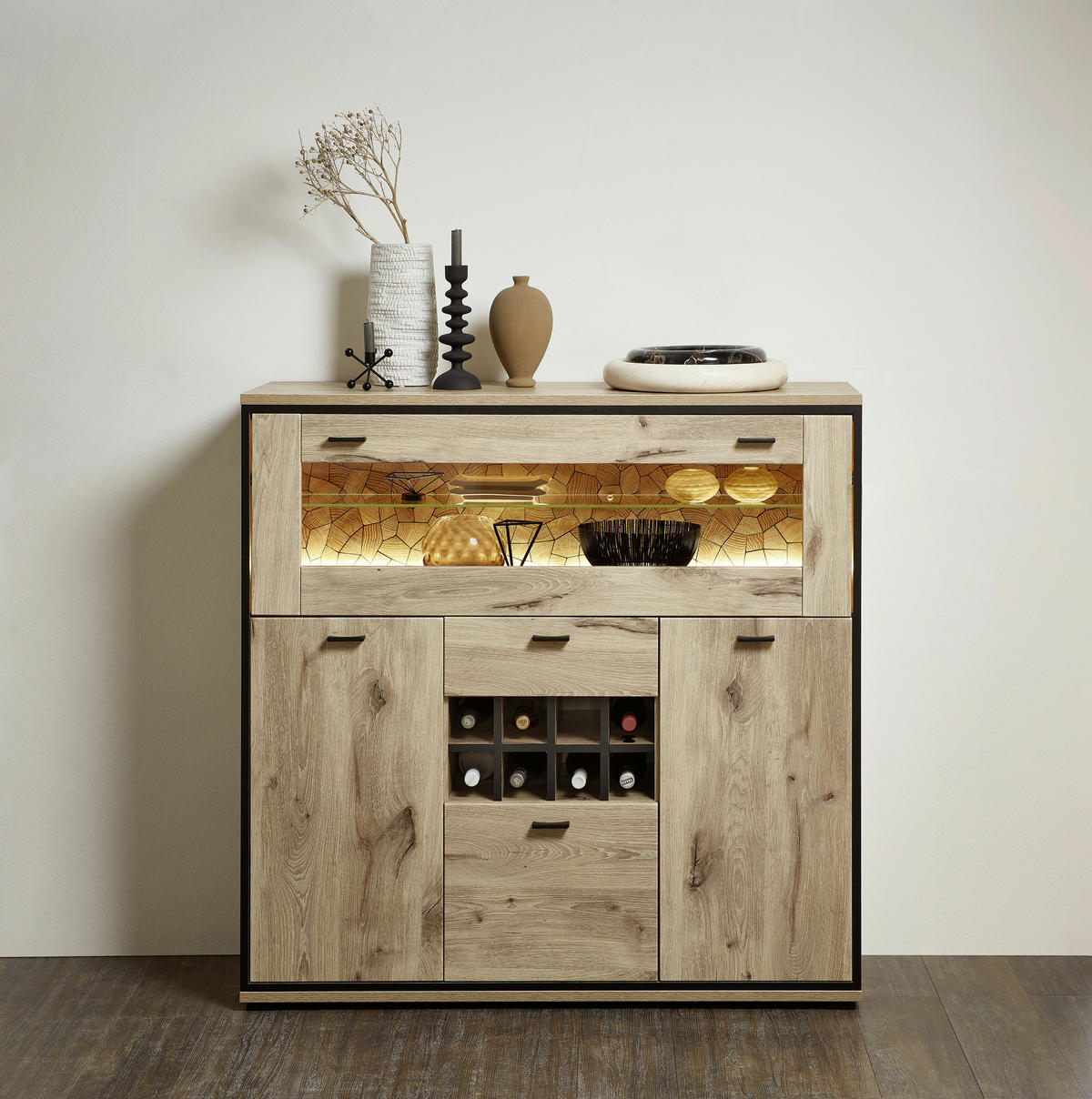 HIGHBOARD  in 125/125/40 cm  - Eichefarben/Schwarz, Konventionell, Glas/Holzwerkstoff (125/125/40cm) - Livetastic