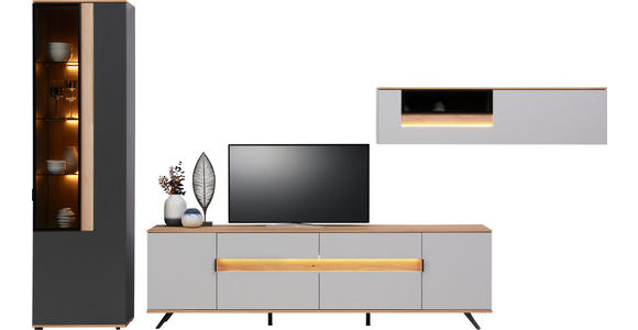 WOHNWAND  in Anthrazit, Eichefarben, Hellgrau  370/214,6/48 cm  - Eichefarben/Anthrazit, Design, Glas/Holz (370/214,6/48cm) - Dieter Knoll