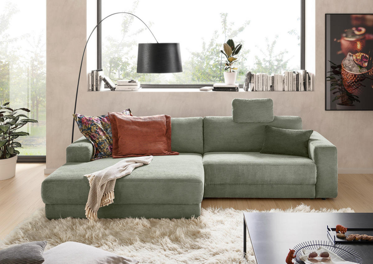 ECKSOFA in Cord Grün  - Schwarz/Grün, Design, Kunststoff/Textil (168/296cm) - Pure Home Lifestyle