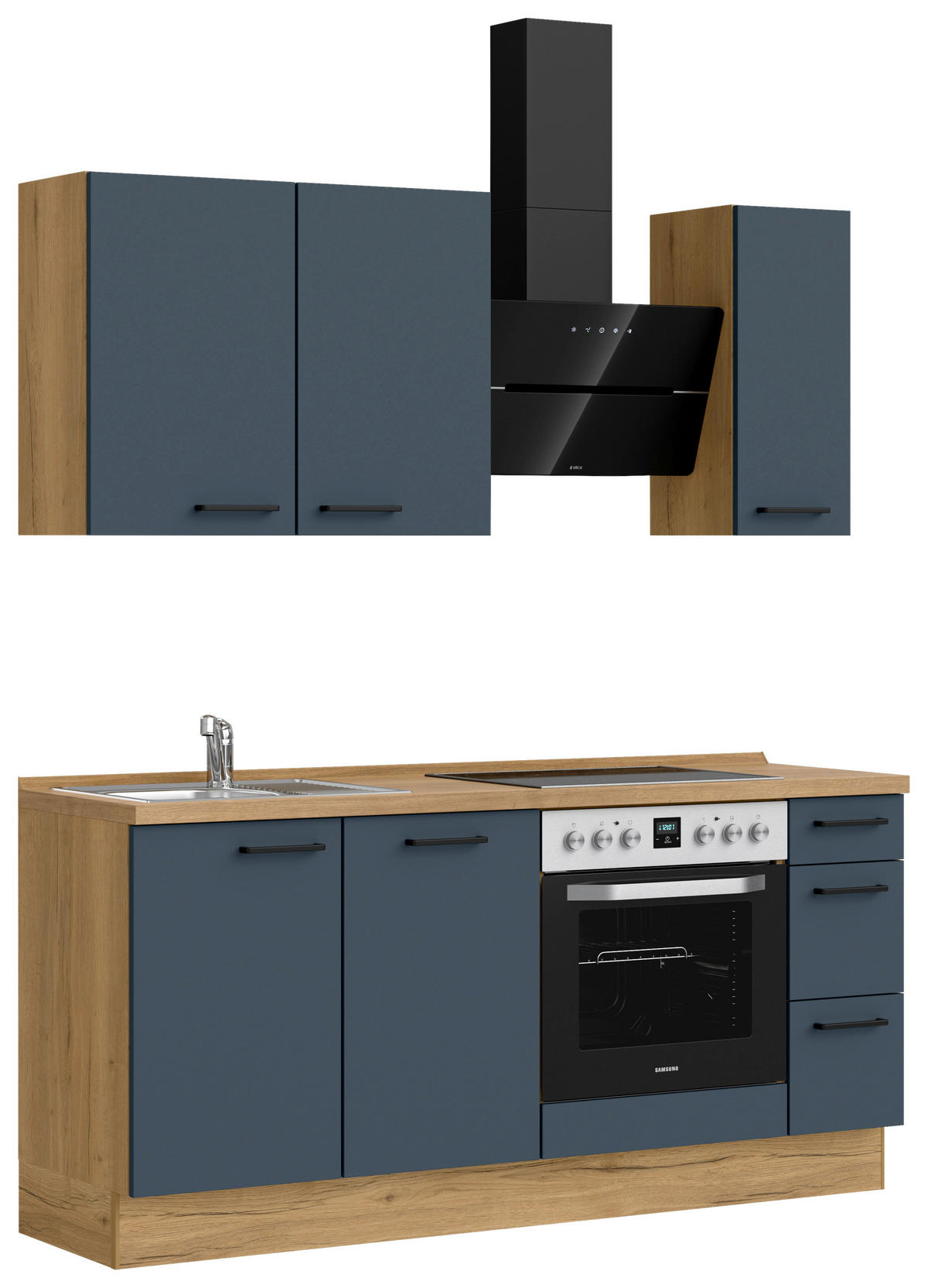 KÜCHENBLOCK 180 cm   in Eichefarben, Dunkelblau  - Eichefarben/Schwarz, MODERN, Holzwerkstoff/Metall (180cm) - Nobilia