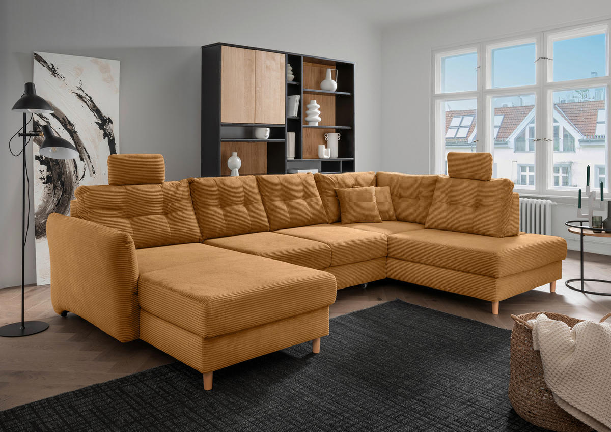WOHNLANDSCHAFT in Cord Goldfarben  - Goldfarben/Naturfarben, Modern, Holz/Textil (176/338-352/206cm) - Livetastic