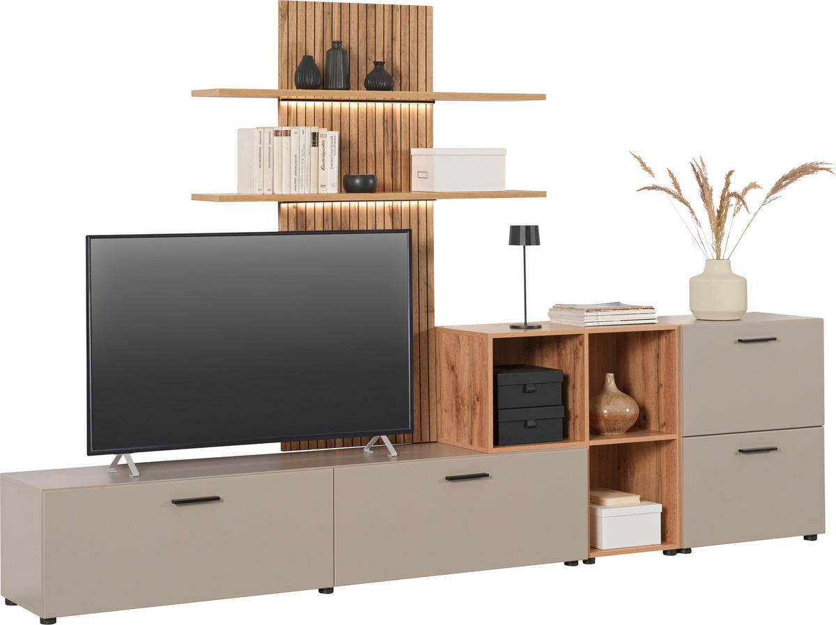 OBÝVACÍ STĚNA, barvy dubu, šedobéžová - černá/barvy dubu, Moderní, kompozitní dřevo/plast (296/190/40cm) - Carryhome