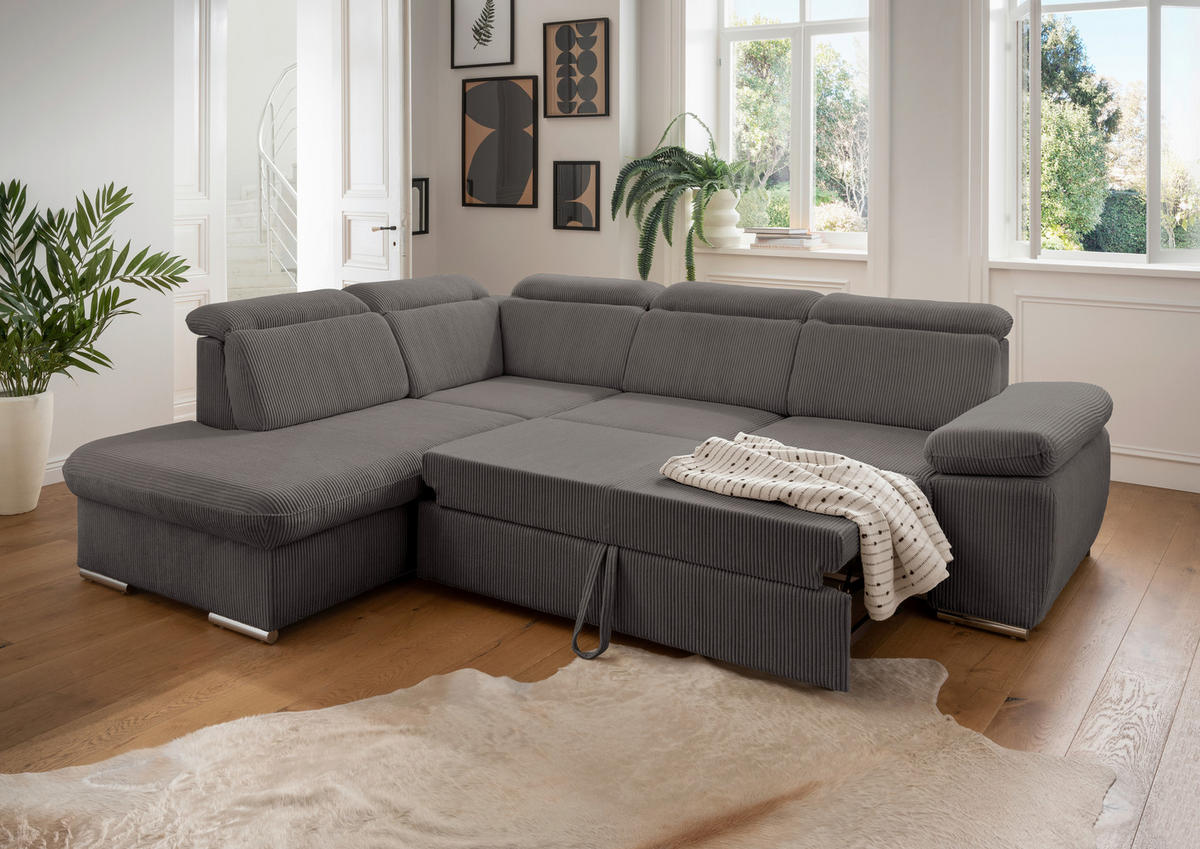 ECKSOFA Grau Cord  - Chromfarben/Grau, Design, Textil/Metall (228/283cm) - Livetastic