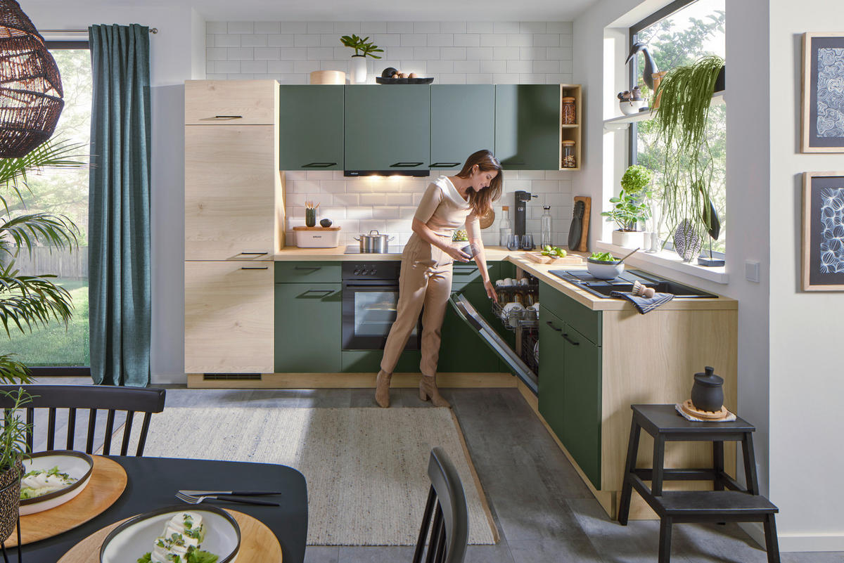 EINBAUKÜCHE   - Dunkelgrün/Eichefarben, Modern, Holzwerkstoff/Metall - Welnova