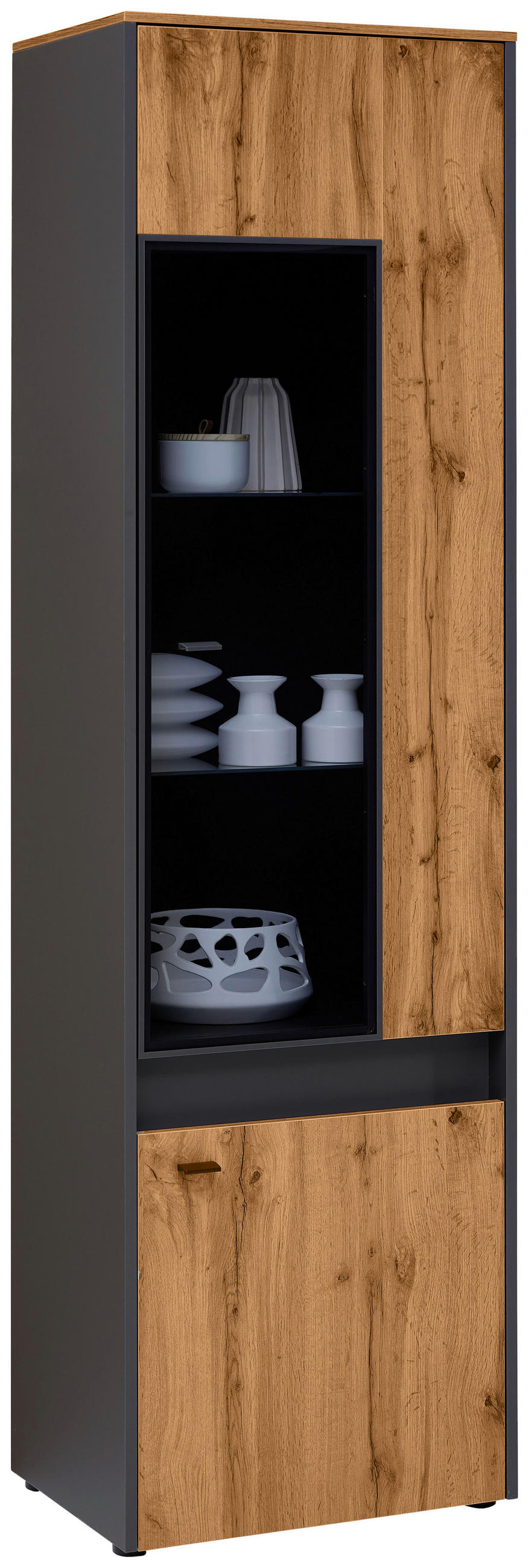 VITRINE in Grau, Eichefarben  - Eichefarben/Grau, Trend, Glas/Holzwerkstoff (56,2/195,6/40cm) - Hom`in