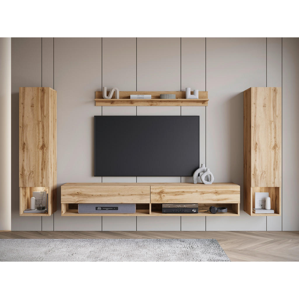 Thumbnail - P & B Wohnwand, Eiche Wotan, Holzwerkstoff, 4-teilig, 1,1,10 Fächer, 245x130x32 cm, Fsc, hängend, Beleuchtung, Wohnzimme...