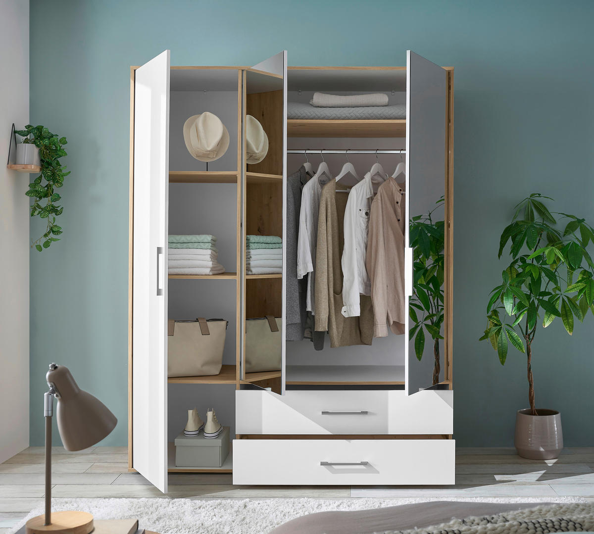 KLEIDERSCHRANK 155/195/60 cm 3-türig Weiß, Eiche Artisan  - Alufarben/Weiß, Basics, Glas/Holzwerkstoff (155/195/60cm)