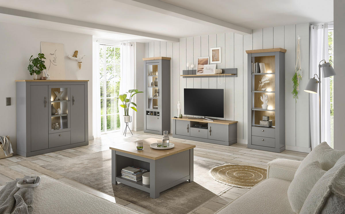 WOHNWAND 4-teilig  in Eichefarben, Hellgrau  317/201/44 cm  - Eichefarben/Silberfarben, Design, Holzwerkstoff/Metall (317/201/44cm) - MID.YOU