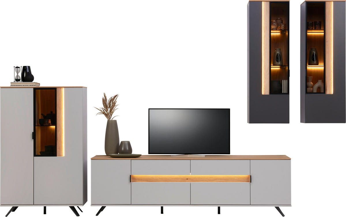 WOHNWAND  in Anthrazit, Eichefarben, Hellgrau 384,4/206/48 cm  - Eichefarben/Anthrazit, Design, Glas/Holz (384,4/206/48cm) - Dieter Knoll