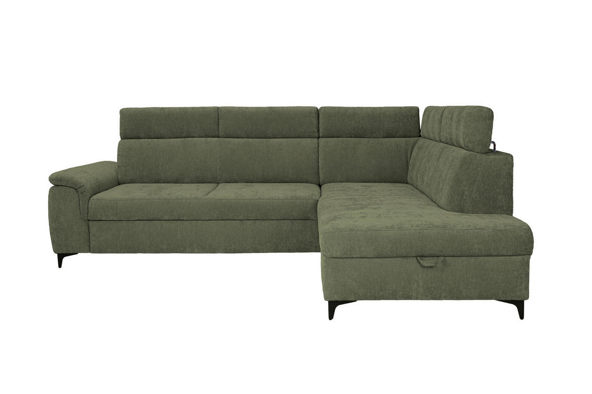 ECKSOFA Dunkelgrün Chenille Bettkasten, Schlaffunktion, Rücken echt, Kopfteilverstellung, Liegefläche im Originalstoff  - Dunkelgrün/Schwarz, KONVENTIONELL, Textil/Metall (265/206cm) - Carryhome