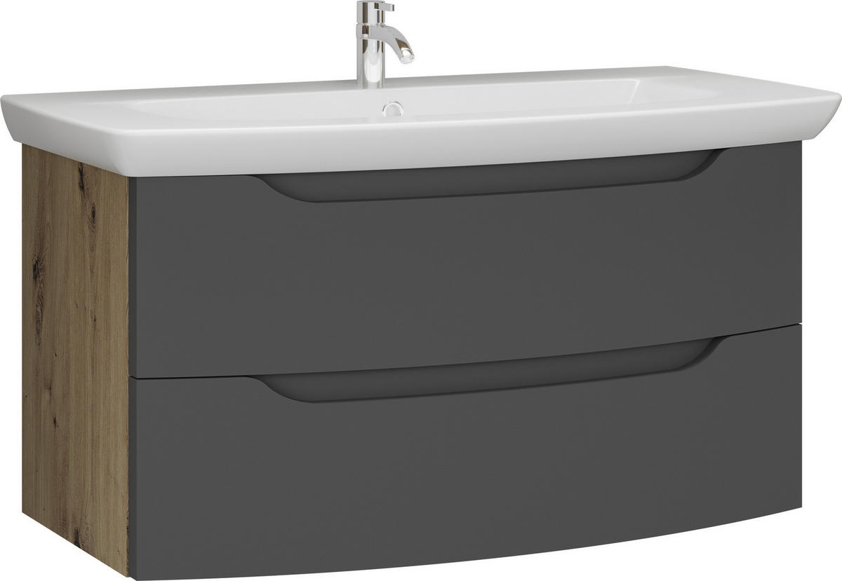 SKRINKA S UMÝVADLOM, grafitová, farba duba, 90 cm - biela/farba duba, Modern, kompozitné drevo/keramika (90cm) - Stylife