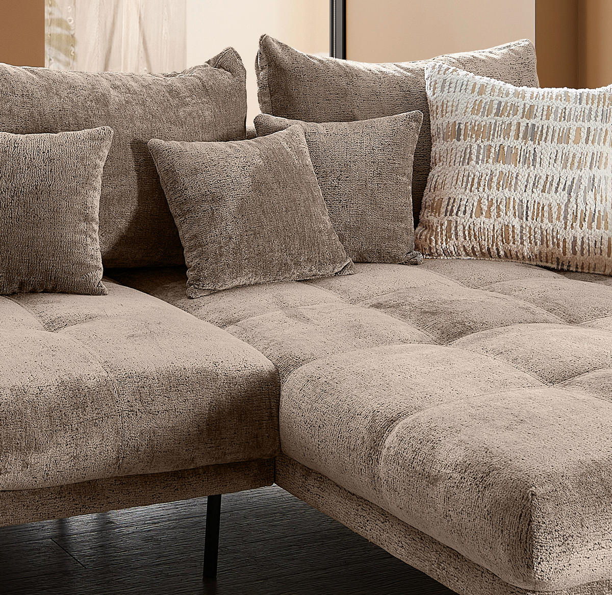 ECKSOFA GARDA Braun Chenille Zierkissen, Rückenkissen, Nierenkissen, Rücken echt  - Schwarz/Braun, KONVENTIONELL, Textil/Metall (310/192cm) - Livetastic