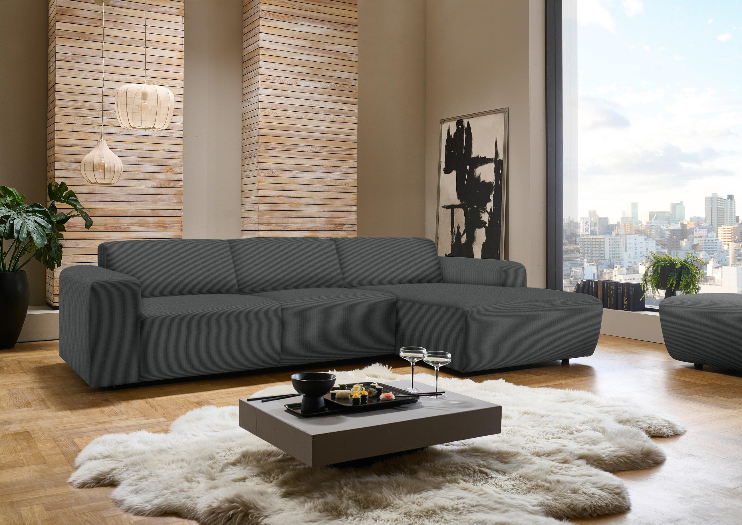 ECKSOFA in Feincord Anthrazit  301/177 cm  - Anthrazit/Schwarz, Design, Kunststoff/Textil (301/177cm) - Beldomo Style