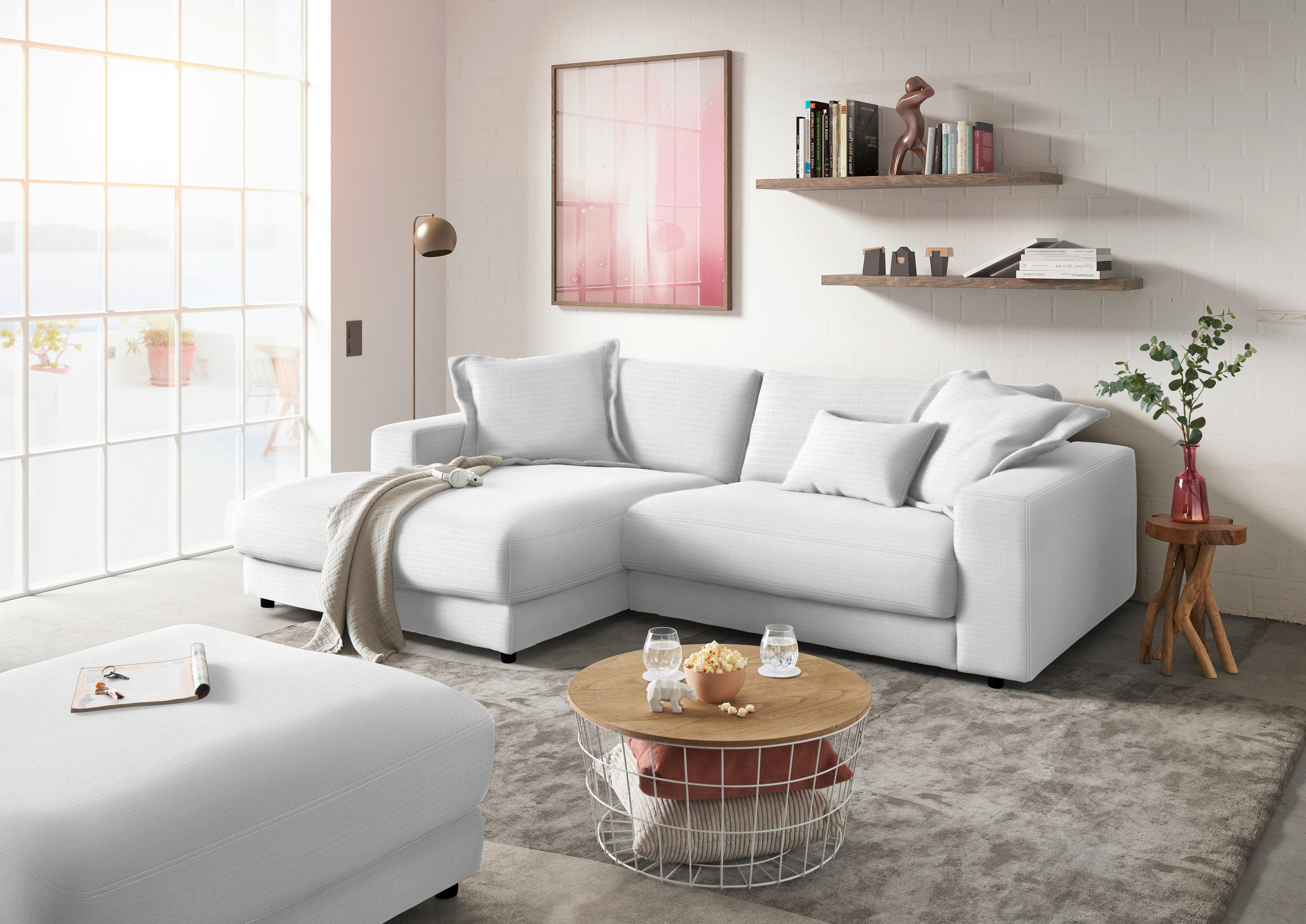ECKSOFA in Chenille Weiss  - Weiss/Schwarz, Design, Kunststoff/Textil (190/270cm) - Lomoco