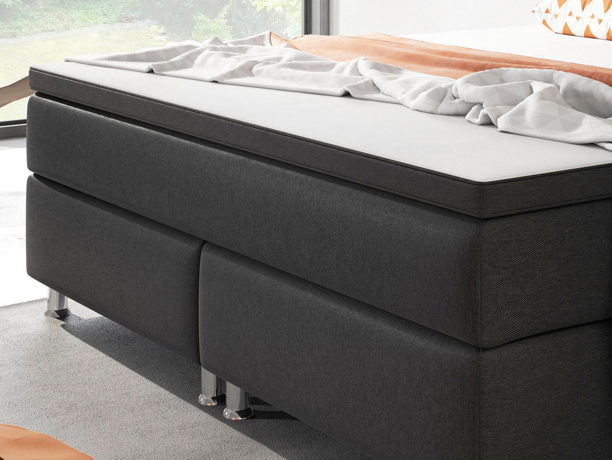 BOXSPRINGBETT 180/200 cm,  in Schwarz, Matratze, gepolstertes Kopfteil, Topper, H3 + H3 = fest  - Silberfarben/Schwarz, KONVENTIONELL, Textil/Metall (180/200cm) - MID.YOU