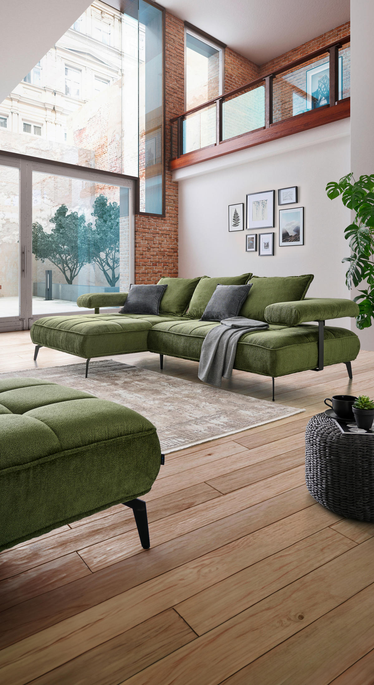 ECKSOFA in Webstoff Olivgrün  180/266 cm  - Schwarz/Olivgrün, Design, Textil/Metall (180/266cm) - Welnova