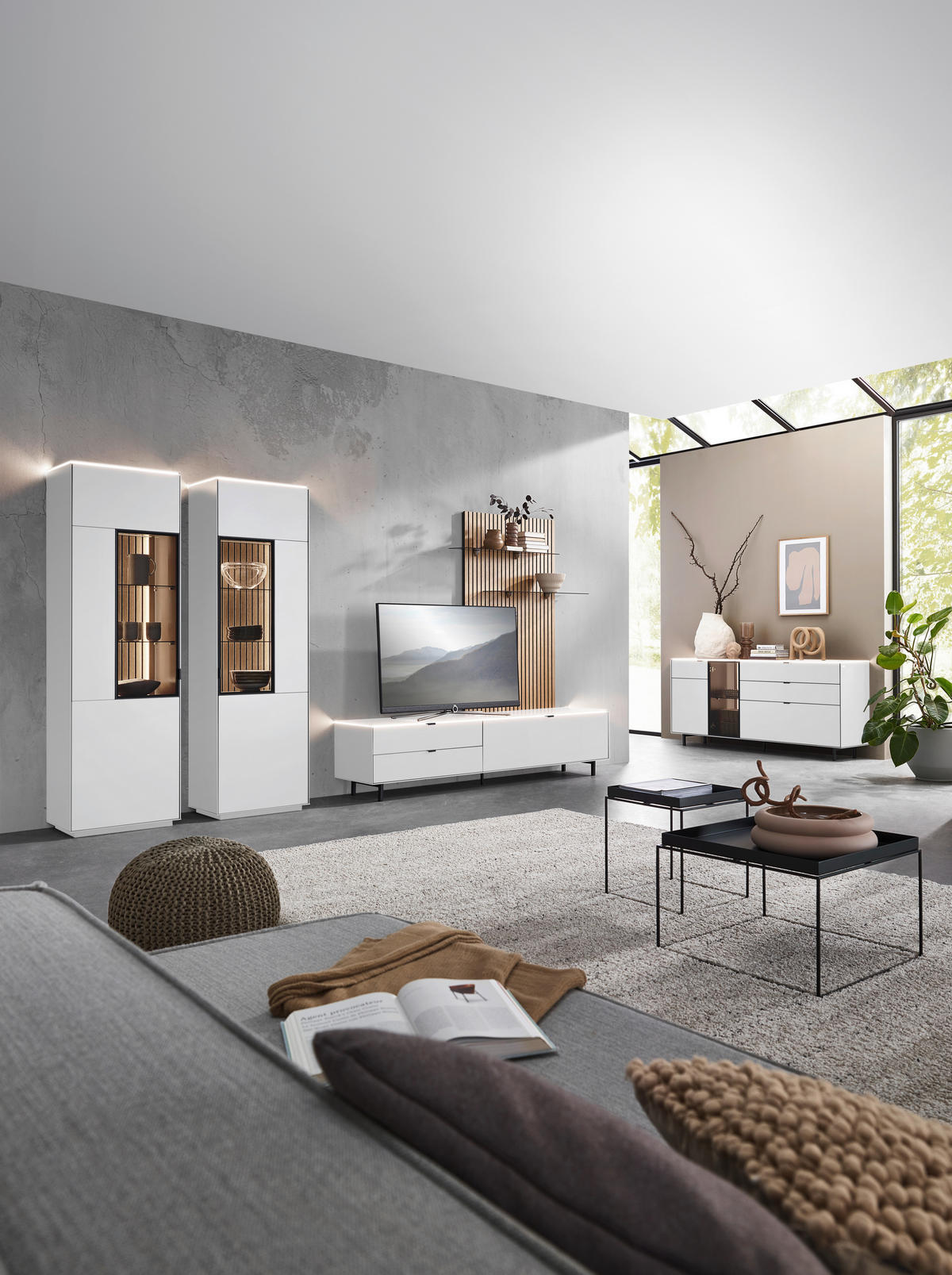 WOHNWAND  in Naturfarben, Weiss 216/149/46 cm  - Weiss/Naturfarben, Design, Glas/Holzwerkstoff (216/149/46cm) - Dieter Knoll