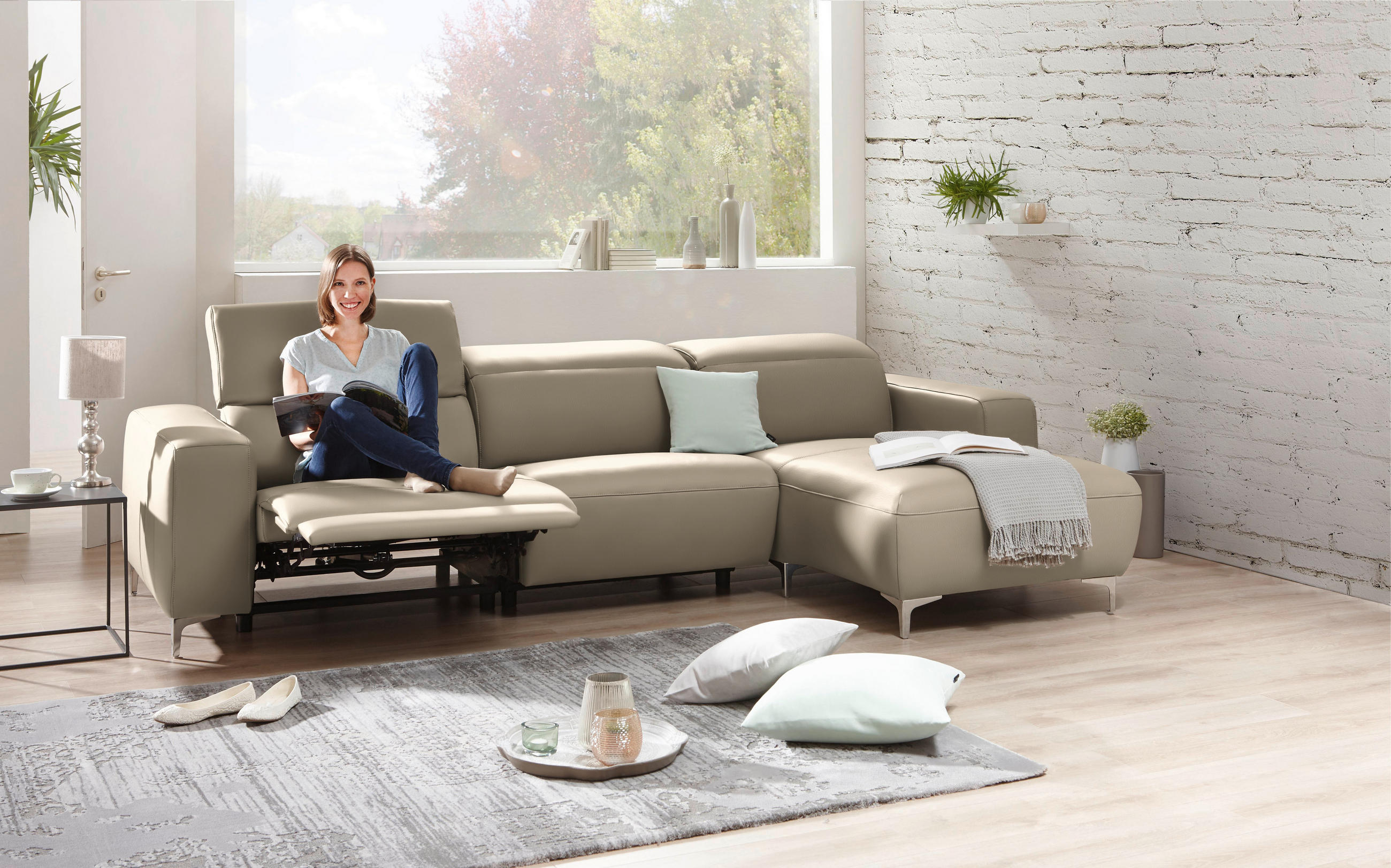 ECKSOFA in Echtleder Hellbraun  - Chromfarben/Hellbraun, Design, Leder/Metall (292/177cm) - Pure Home Lifestyle