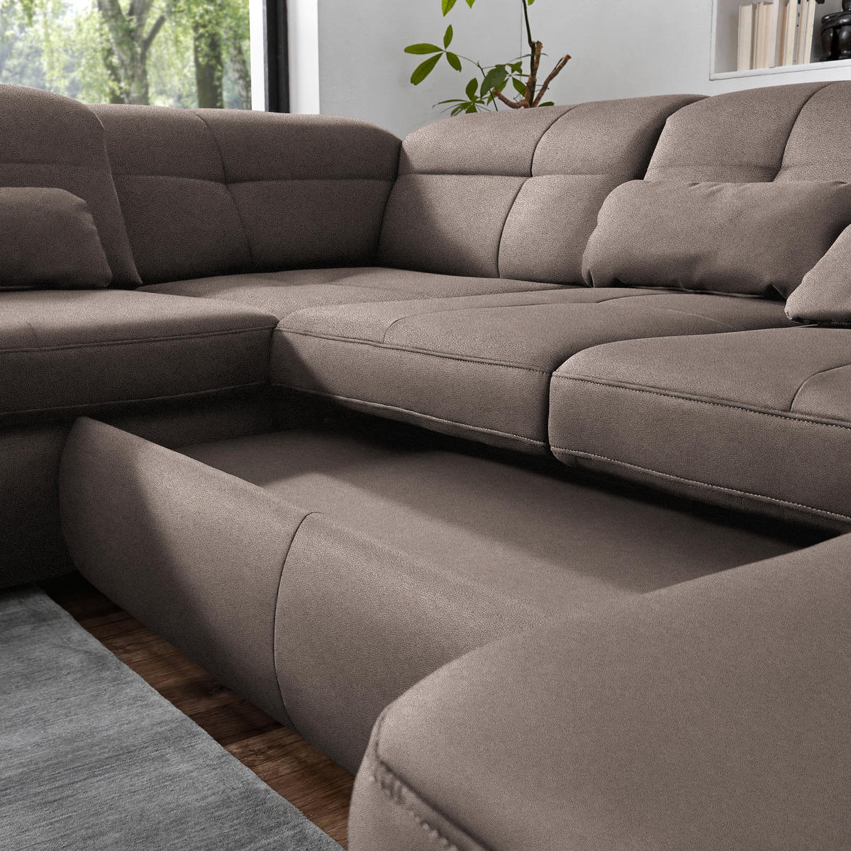 WOHNLANDSCHAFT  in Mikrofaser Graubraun  - Chromfarben/Graubraun, Design, Holzwerkstoff/Textil (260/371/195cm) - Beldomo Style