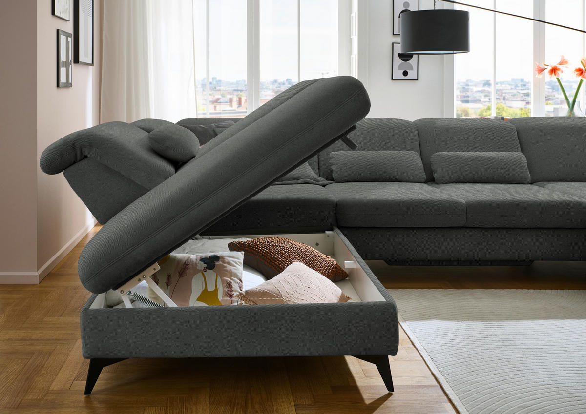 WOHNLANDSCHAFT Chenille Grau  - Schwarz/Grau, Design, Textil/Metall (255/364/198cm) - Beldomo Style