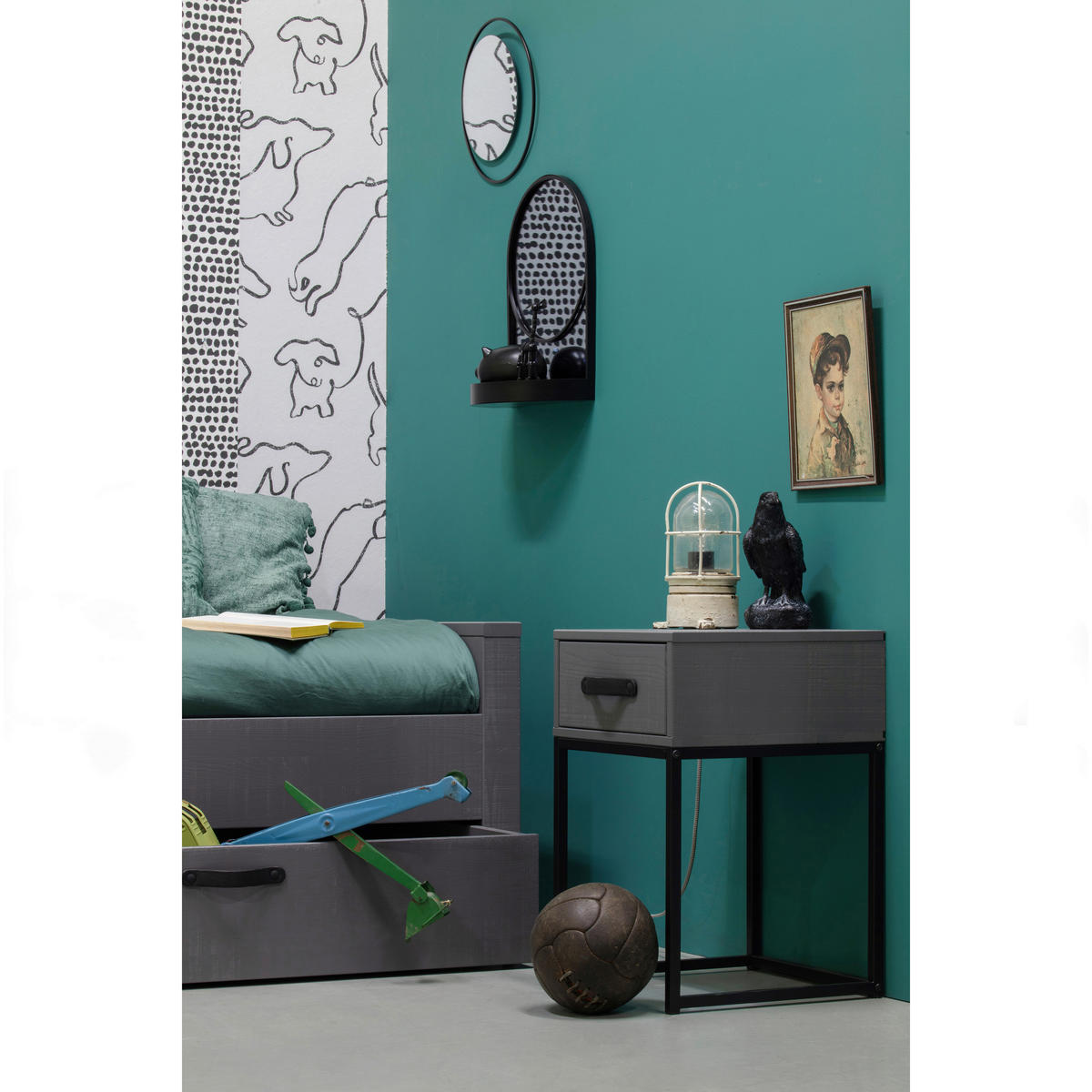 NACHTTISCH 35/35/52 cm  in massiv Kiefer Grau  - Schwarz/Grau, Design, Leder/Holz (35/35/52cm) - Livetastic
