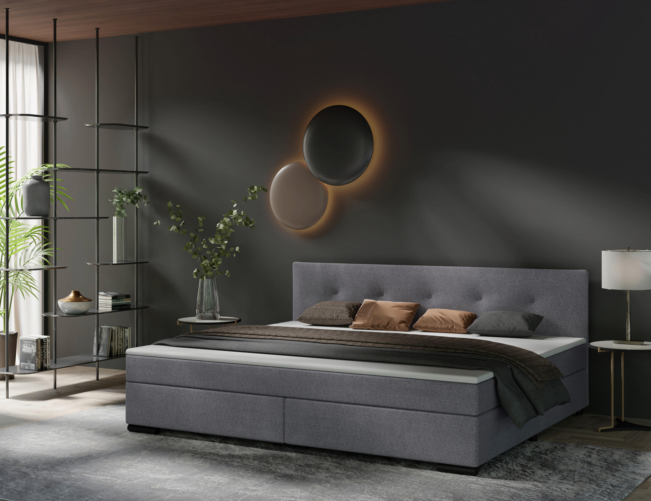 BOXSPRINGBETT 240/200 cm,  in Hellgrau, gepolstertes Kopfteil, Topper, H3 + H3 = fest  - Hellgrau/Schwarz, MODERN, Karton/Holz (240/200cm) - MID.YOU