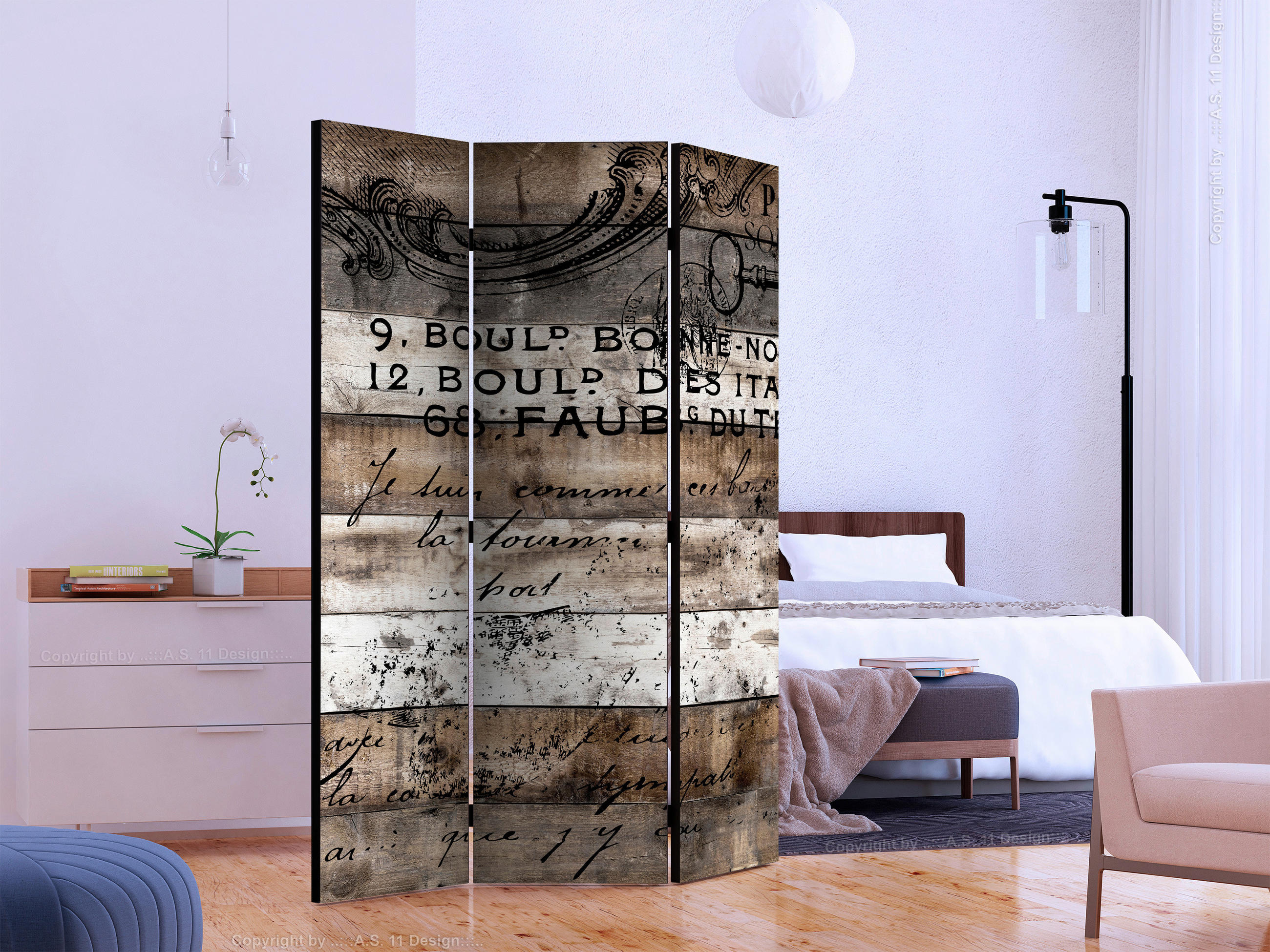 PARAVENT mit 3  Flügel - Hellbraun/Weiß, Basics, Holz/Textil (135/172/3cm) - artgeist