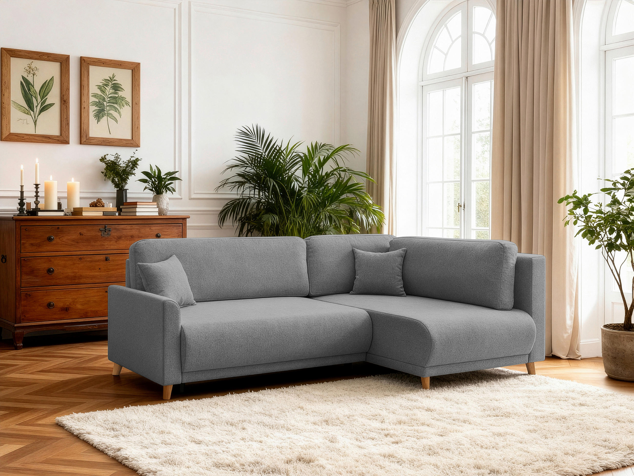 ECKSOFA MILOS Grau Flachgewebe, Struktur Rückenkissen, Bettkasten, Schlaffunktion, Rücken echt  - Naturfarben/Grau, Design, Textil (224/148cm) - P & B