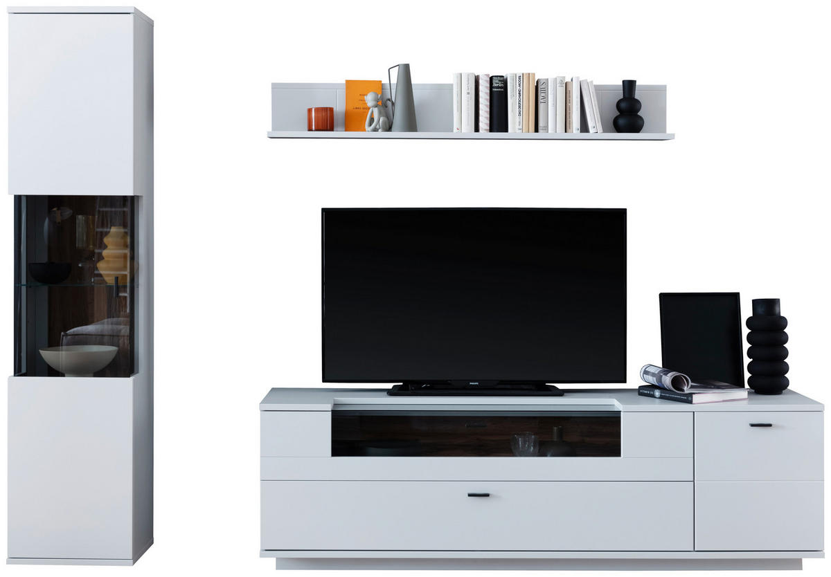 WOHNWAND  in Weiß, Eichefarben  250/199/50 cm  - Eichefarben/Anthrazit, Design, Glas/Holzwerkstoff (250/199/50cm) - Stylife