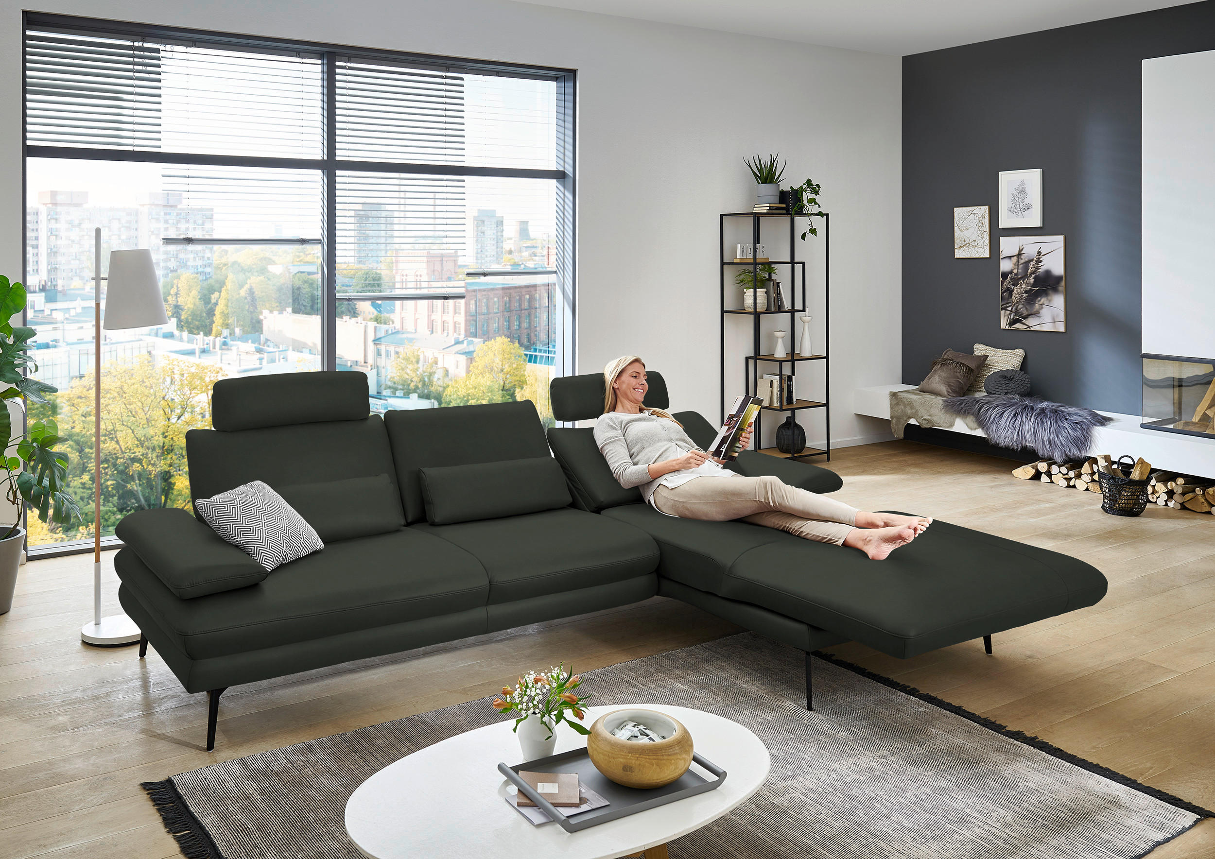 ECKSOFA in Echtleder Dunkelgrün  - Dunkelgrün/Schwarz, Design, Leder/Metall (310/180cm) - Dieter Knoll