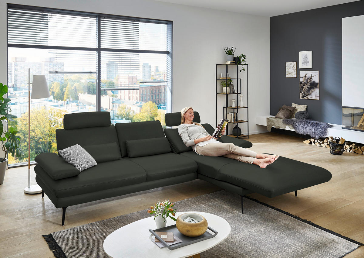 ECKSOFA in Echtleder Dunkelgrün  - Dunkelgrün/Schwarz, Design, Leder/Metall (310/180cm) - Dieter Knoll