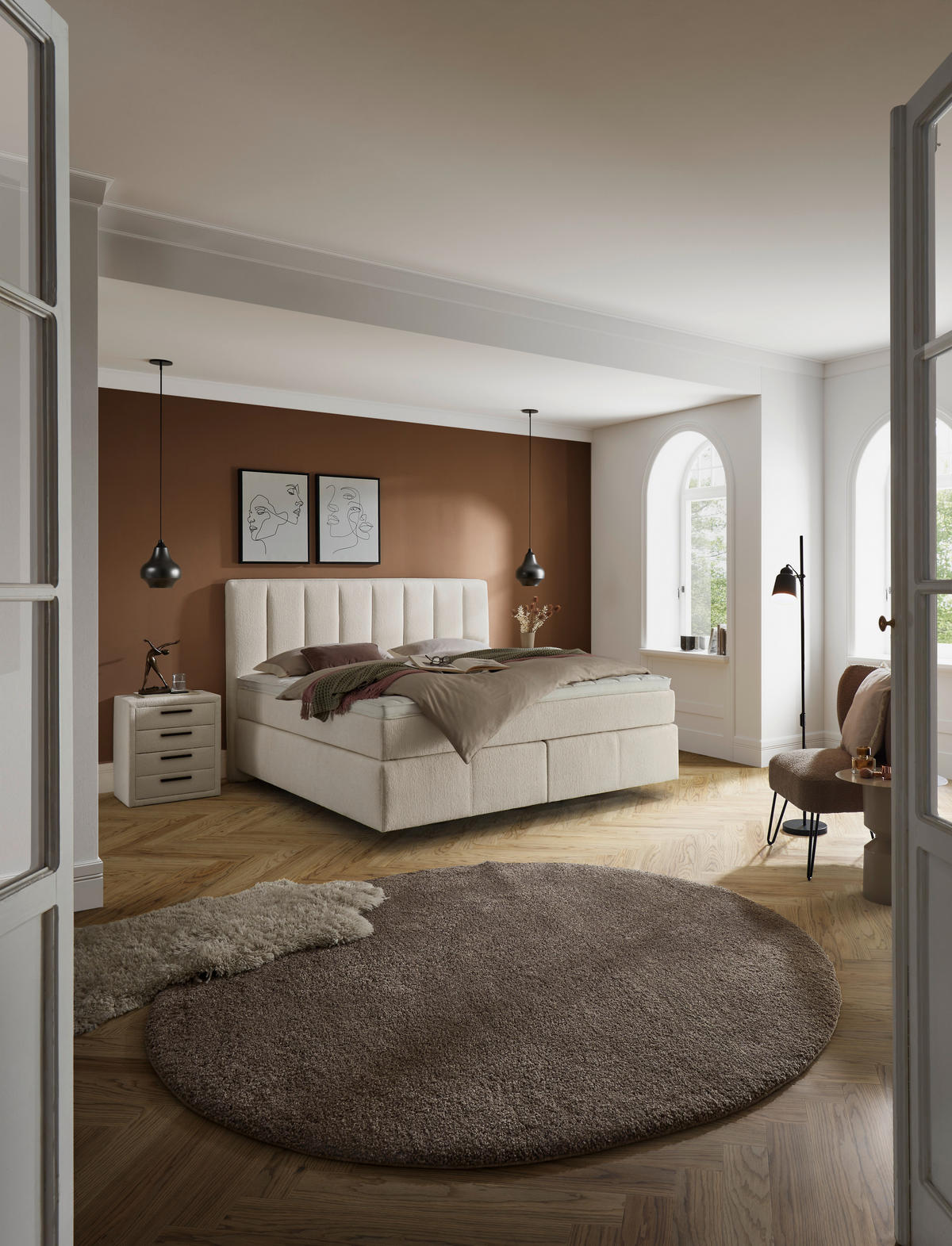 BOXSPRINGBETT 180/200 cm,  in Creme, H2 + H3 = mittel + fest  - Creme, KONVENTIONELL, Kunststoff/Textil (180/200cm) - Voleo