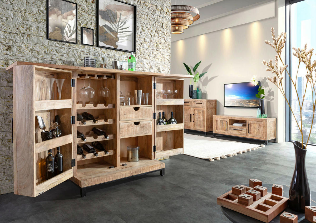 BAR Mangoholz massiv Naturfarben  - Schwarz/Naturfarben, Design, Holz/Metall (100-150/122/55cm) - Landscape
