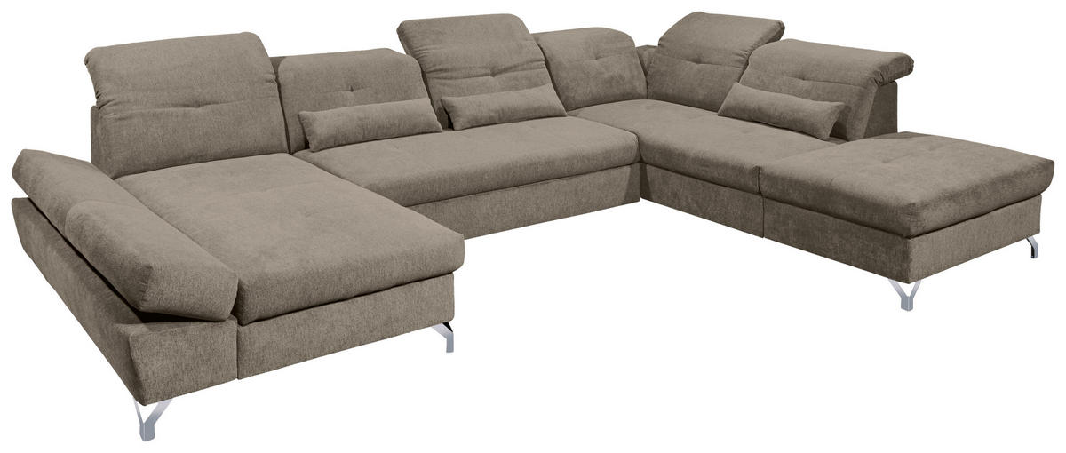 WOHNLANDSCHAFT in Mikrovelours Graubraun  - Graubraun/Silberfarben, Modern, Textil/Metall (168/350/245cm) - MID.YOU