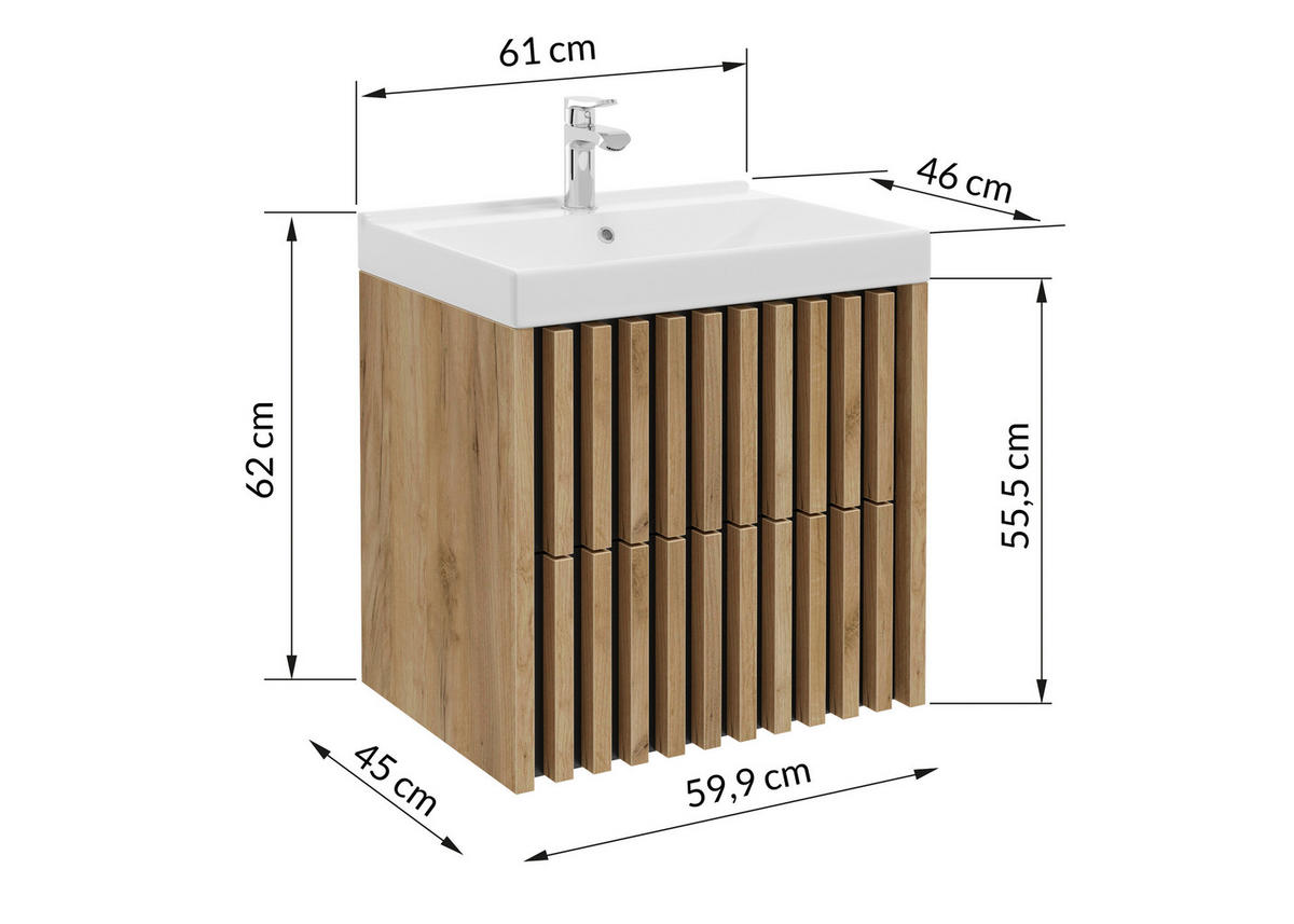 SKŘÍŇKA S UMYVADLEM, černá, barvy dubu, barvy dubu, 61 cm - bílá/barvy dubu, Moderní, kompozitní dřevo/keramika (61cm) - MID.YOU