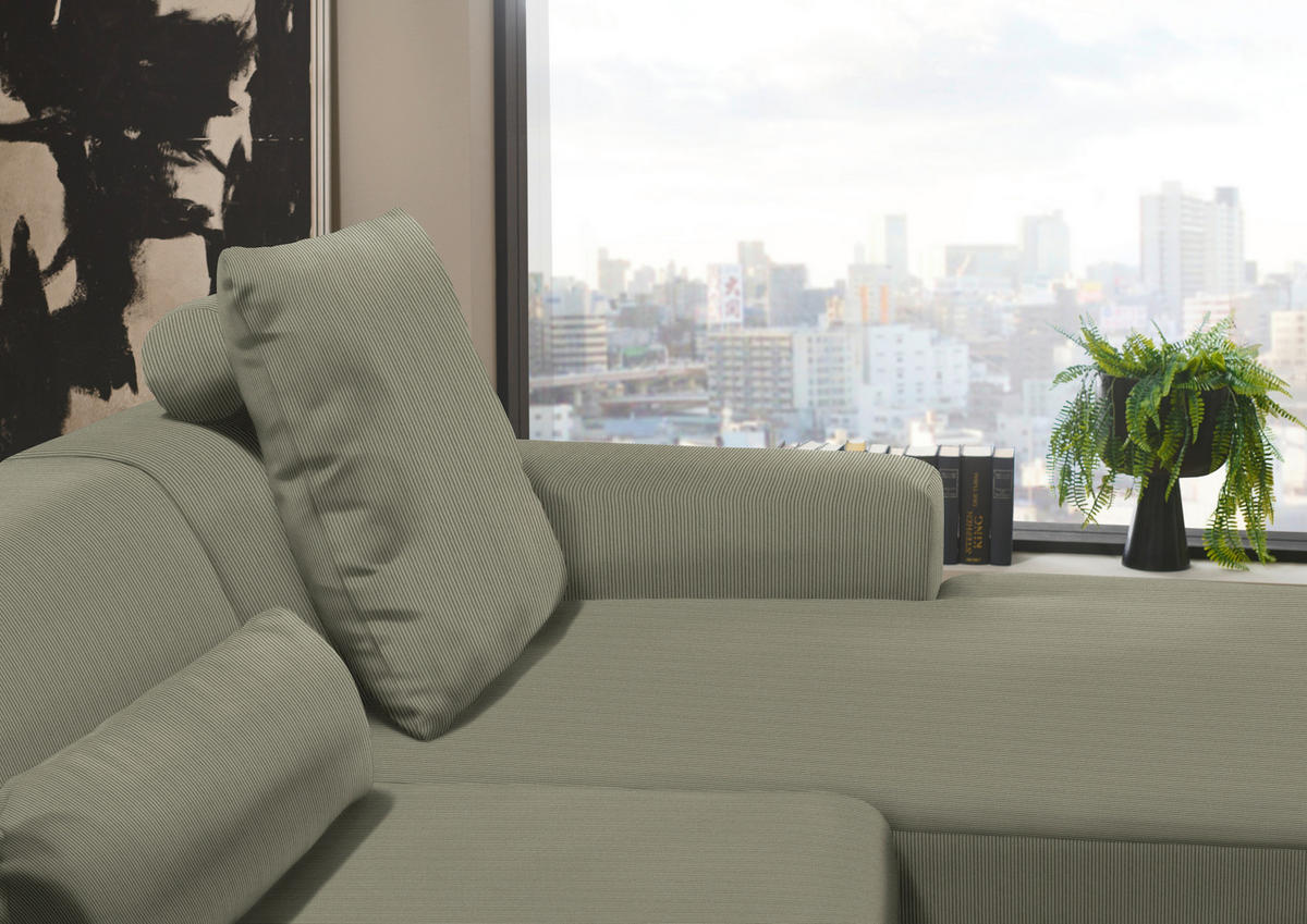 ECKSOFA Olivgrün Feincord  - Schwarz/Olivgrün, Design, Kunststoff/Textil (301/177cm) - Beldomo Style