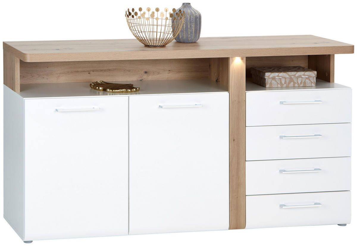 ŠIROKA KOMODA, bela, barve hrasta  - barve kroma/siva, Moderno, kovina/umetna masa (163,2/85,9/43,2cm) - Hom`in