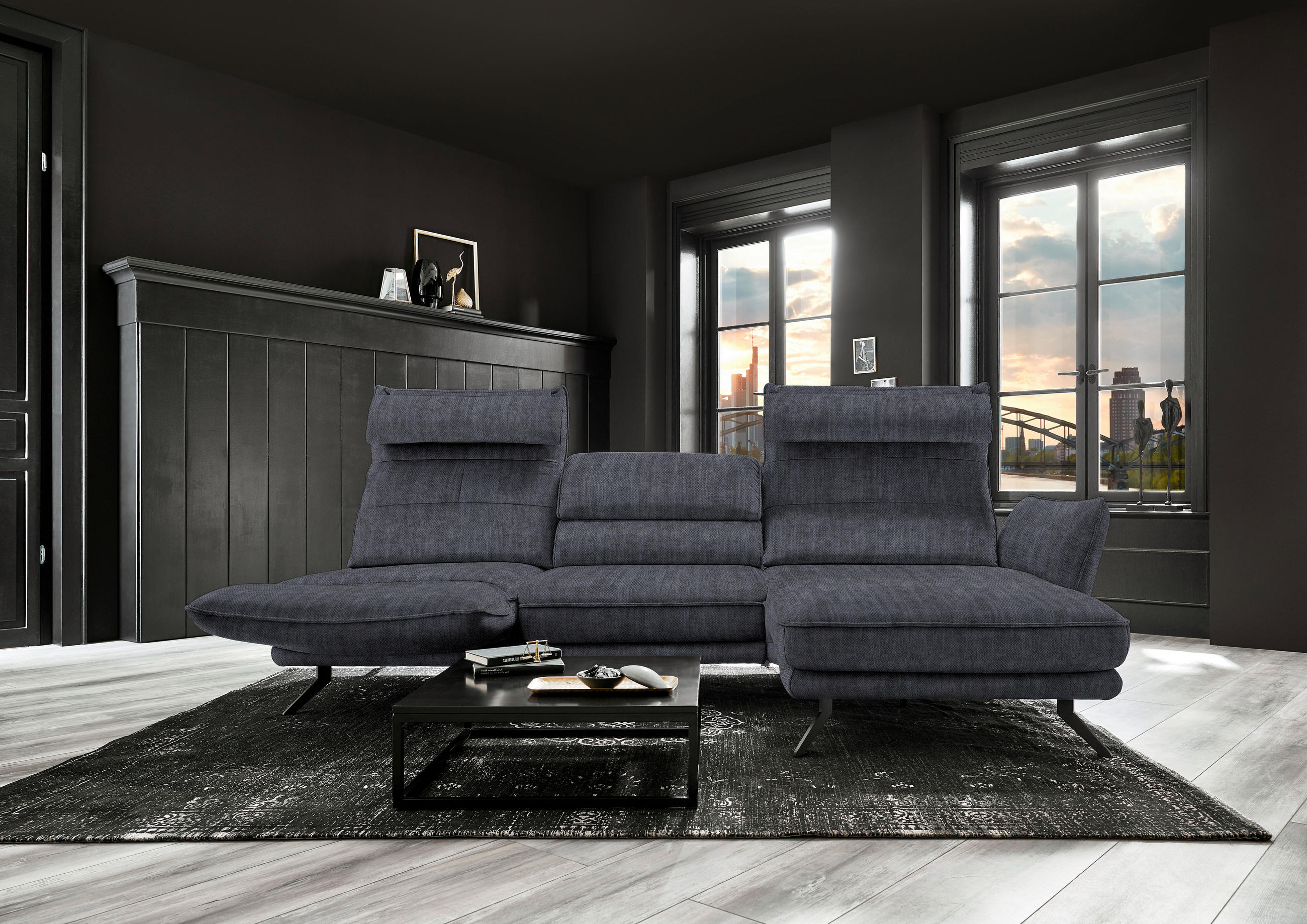ECKSOFA in Velours Grau  - Schwarz/Grau, Design, Textil/Metall (283/153cm) - Valdera