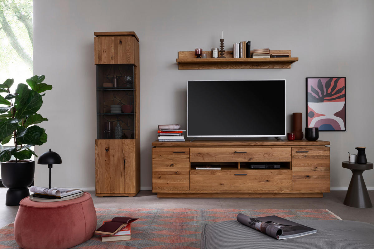 WOHNWAND 3-teilig  in Grau, Eichefarben 275/204/50 cm  - Eichefarben/Anthrazit, Natur, Glas/Holz (275/204/50cm) - Linea Natura