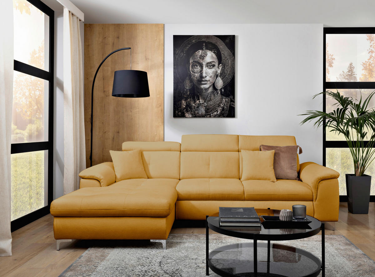 ECKSOFA in Flachgewebe Senfgelb  - Chromfarben/Senfgelb, Konventionell, Textil/Metall (175/268cm) - Carryhome