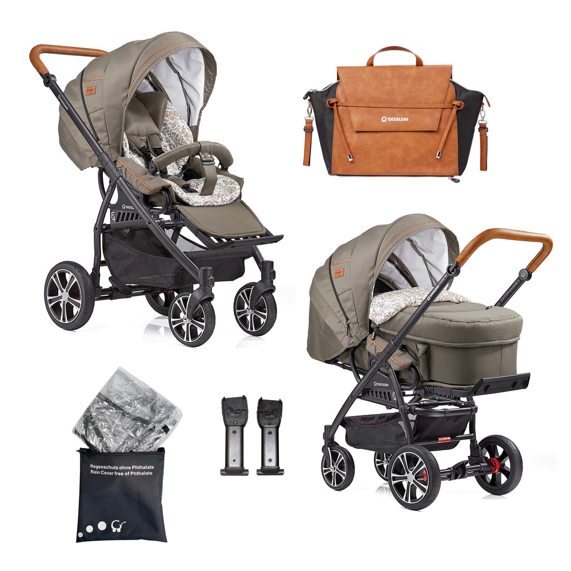 KINDERWAGENSET F4 Air+  - Cognac/Schwarz, Basics, Textil/Metall (57/129/100cm) - Gesslein