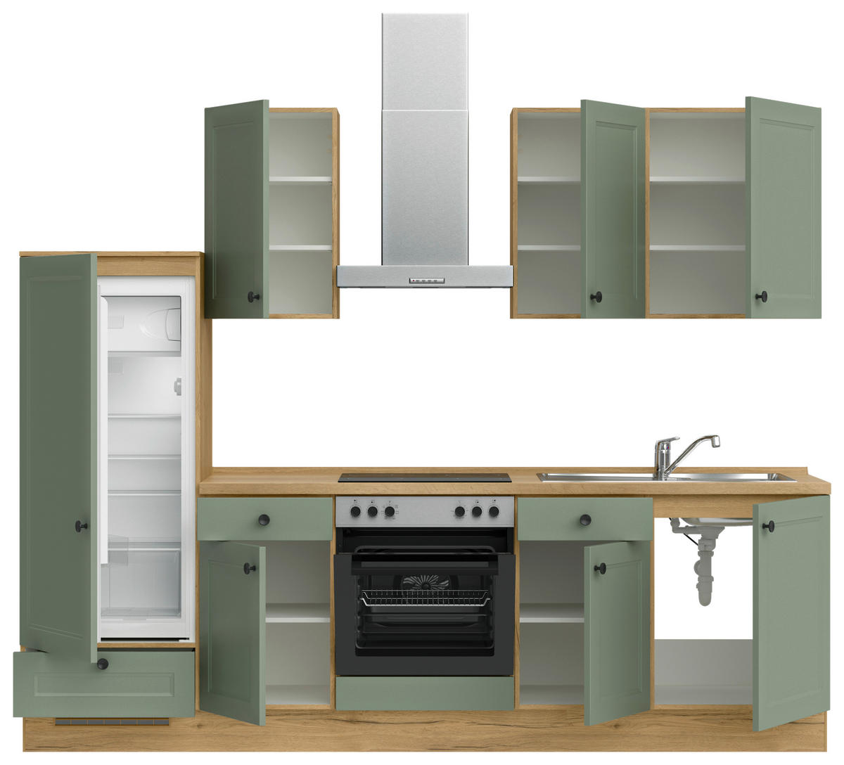 KÜCHENBLOCK Cascada 270 cm  in Grün, Eichefarben  - Eichefarben/Schwarz, MODERN, Holzwerkstoff/Metall (270cm) - Nobilia