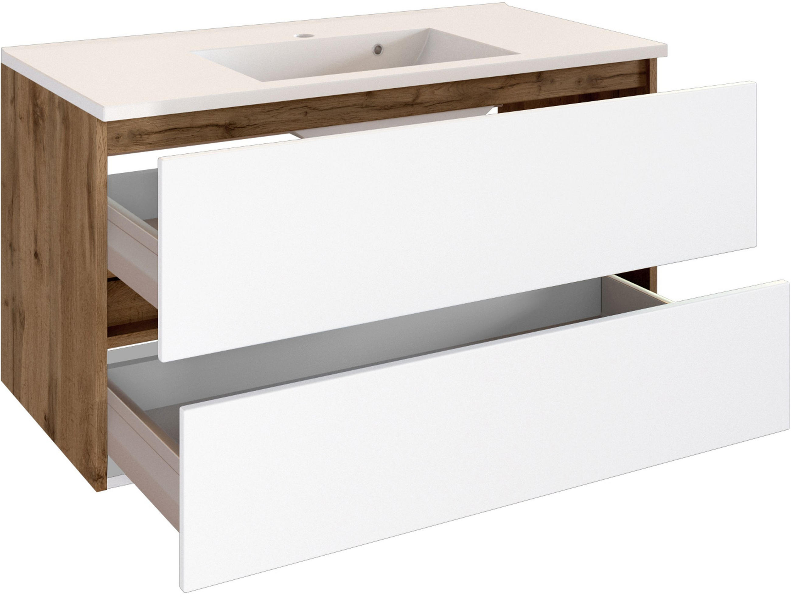 Thumbnail - Held Waschtischkombi, Weiß, Eiche Wotan, Holzwerkstoff, 2 Schublade(n) Schubladen, 100 cm, Made in Germany, Zusatzaussta...