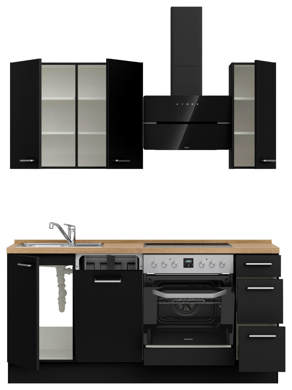 KÜCHENLEERBLOCK 180 cm   in Schwarz, Eichefarben  - Edelstahlfarben/Eichefarben, MODERN, Holzwerkstoff/Metall (180cm) - Nobilia