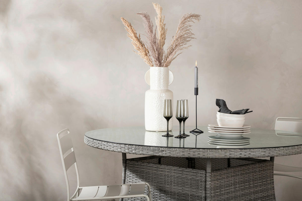 UTEBORD metall, plast, glas rund  - grå, Klassisk, metall/glas (150/150/74cm) - Gardenson