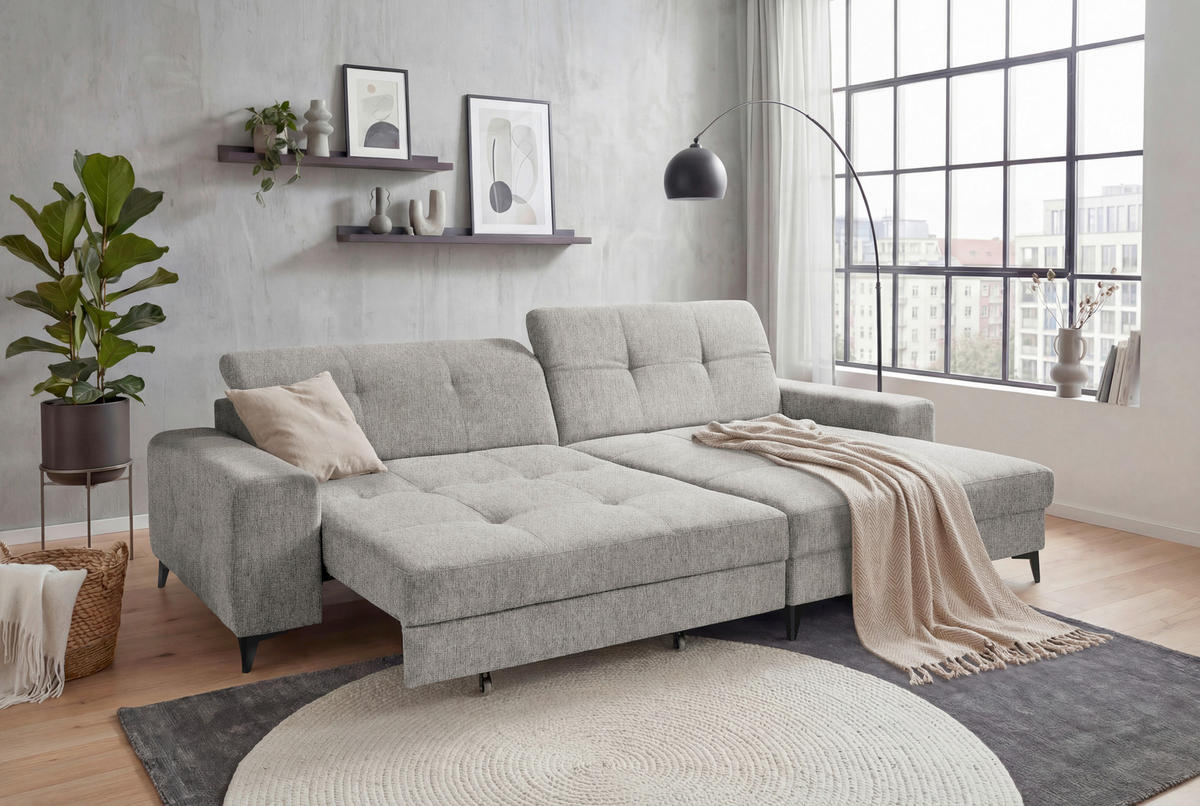 ECKSOFA SORELLA in Mikrovelours Taupe Kopfteilverstellung, Sitztiefenverstellung  328/182 cm  - Taupe/Schwarz, Design, Kunststoff/Textil (328/182cm) - MID.YOU