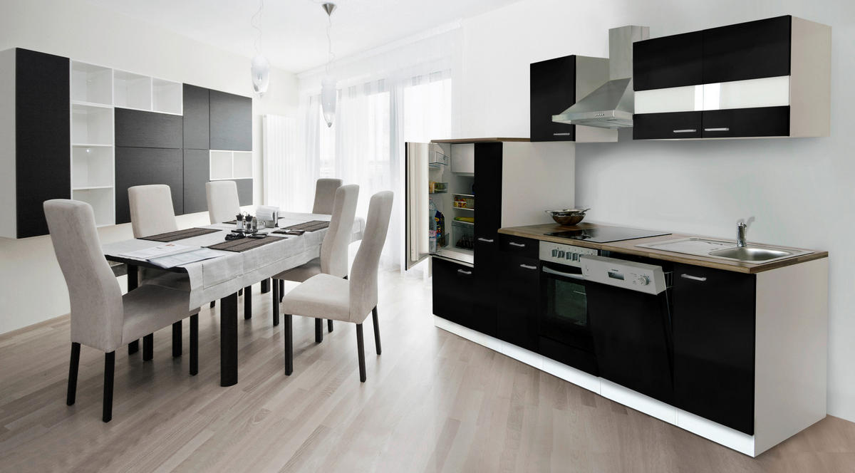 KÜCHENBLOCK 310 cm   in Schwarz  - Weiss/Edelstahlfarben, Basics, Holzwerkstoff/Metall (310cm) - Respekta
